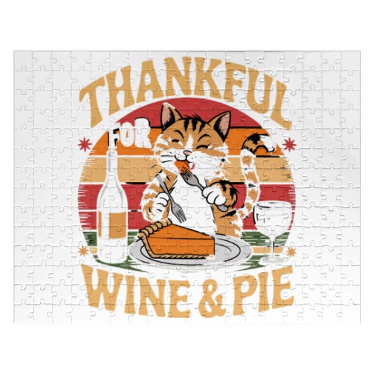 Happy Cat Feasting on Wine and Pie - Thanksgiving Jigsaw Puzzles