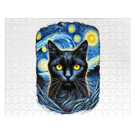 Funny Starry Night Black Cat Van Gogh Art Cat Jigsaw Puzzles
