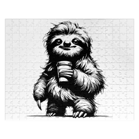Woke Up Coffee Sloth Pencil Sketch Jigsaw Puzzles