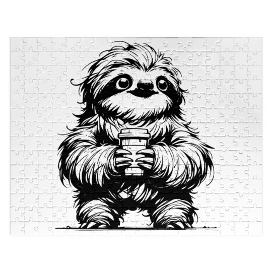 Morning Coffee Sloth Pencil Sketch Jigsaw Puzzles