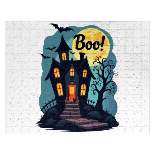 spooky haunted house with a black cat sitting Jigsaw Puzzles
