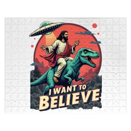 Jesus Riding a Dinosaur with UFO - I Want to Belie Jigsaw Puzzles