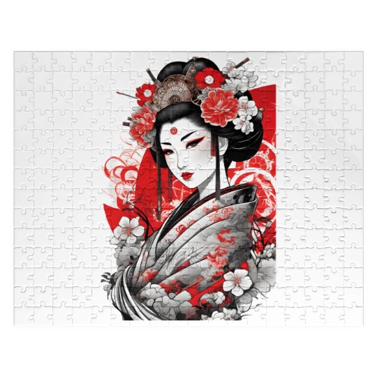 Elegant Geisha with Floral Kimono Jigsaw Puzzles