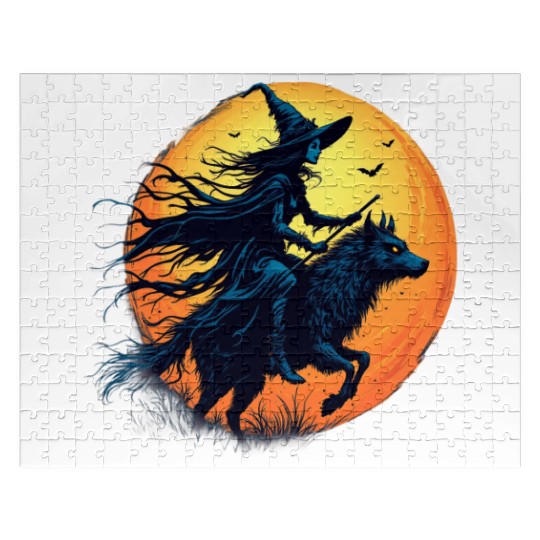Halloween Witch Riding a Wolf Under Full Moon Jigsaw Puzzles