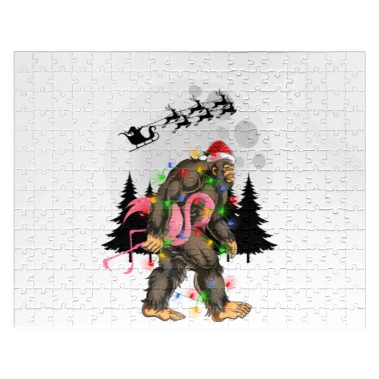 Bigfoot Carrying Flamingo Funny Sasquatch Jigsaw Puzzles