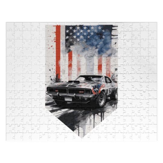 Rev up your patriotism - Muscle car and usa flag Jigsaw Puzzles