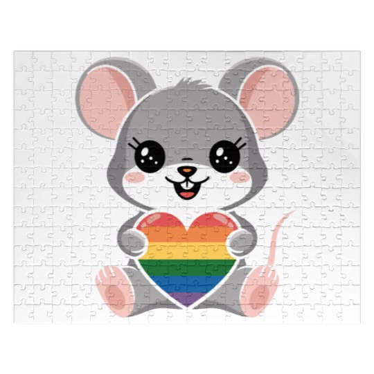LGTBQ Cute Mouse Holding Rainbow Heart Jigsaw Puzzles
