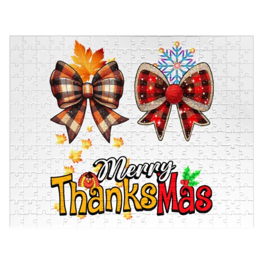 Merry Thanksmas plaid Coquette Bow Christmas Plaid Jigsaw Puzzles
