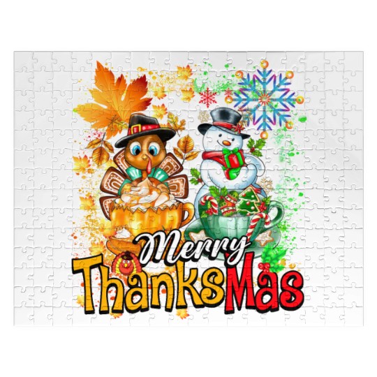 Merry Thanksmas Turkey Snowman Coffee latte cup Jigsaw Puzzles