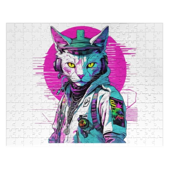 Neon Cyberpunk Warrior Cat Jigsaw Puzzles