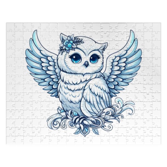 Cute snowy owl blue eyes angel wings cartoon Jigsaw Puzzles