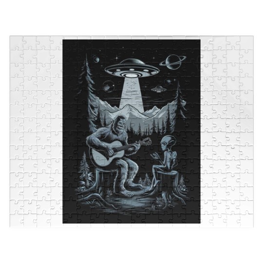 Bigfoot an alien UFOs playing guitar forest night Jigsaw Puzzles