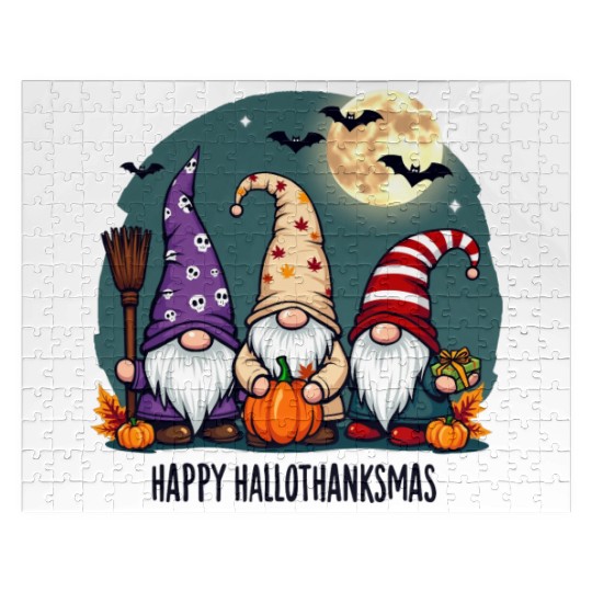 Happy Hallothanksmas Gnomes Celebration with Bats Jigsaw Puzzles