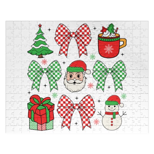Retro Christmas Coquette Bow Santa Family Design Jigsaw Puzzles
