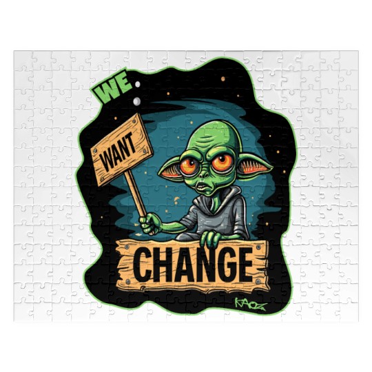 Fed Up Green Martian Alien Protest: We Want Change Jigsaw Puzzles