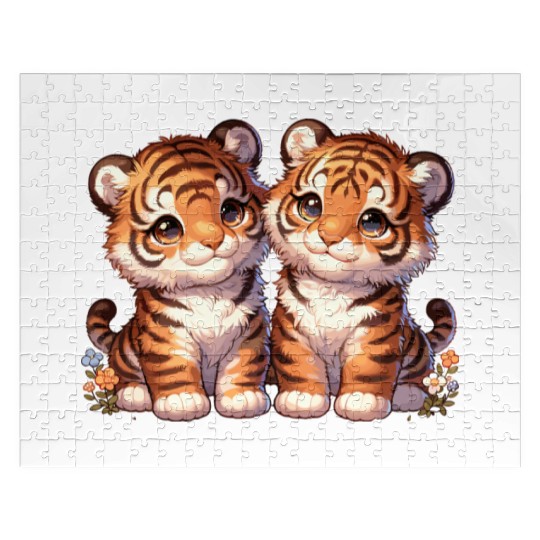 Adorable Twin Tiger Cubs Illustration with Flowers Jigsaw Puzzles