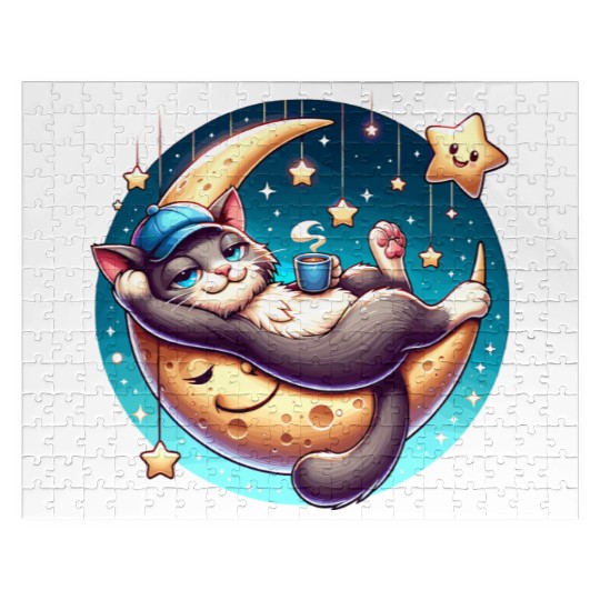 Cute Cat Relaxing on Moon with Stars and Coffee Jigsaw Puzzles