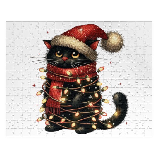 Black Cat In Christmas Light, Cat Lights Jigsaw Puzzles