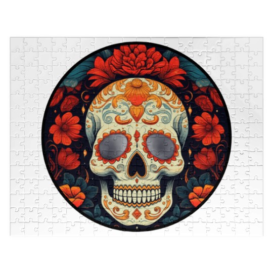 Black Colorful Dia De Los Muertos Jigsaw Puzzles