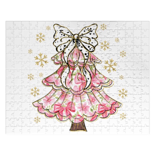 Preppy Pink Coquette Bow Xmas Tree Jigsaw Puzzles