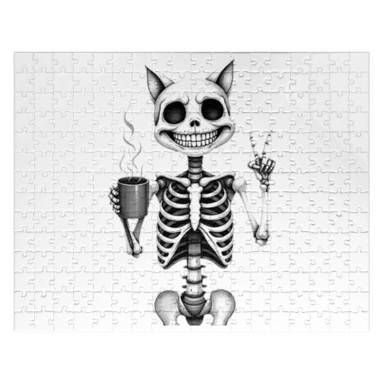 Skeleton Cat Holding Coffee Quirky Style Jigsaw Puzzles