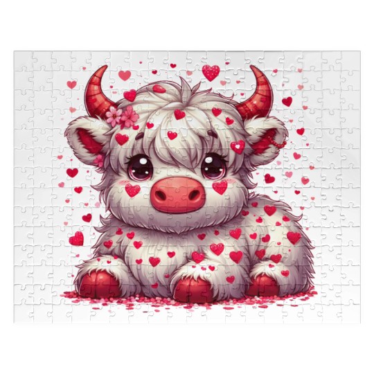 Cute cartoon valentines highland cow Jigsaw Puzzles