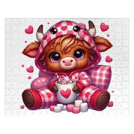 Cute cartoon valentines highland cow Jigsaw Puzzles