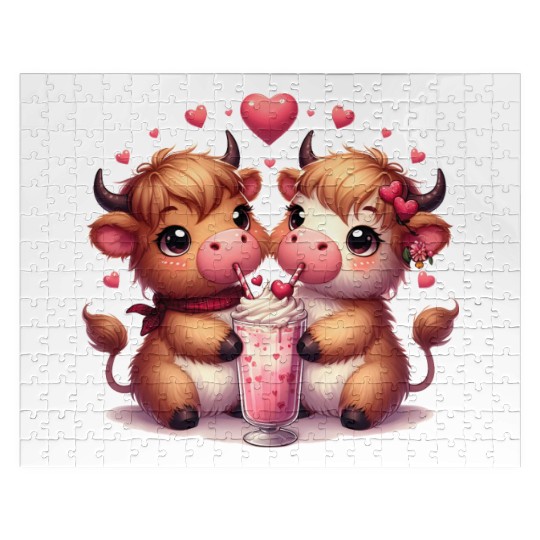 Cute Cartoon Valentines Highland Cow Jigsaw Puzzles