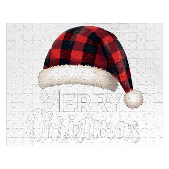 Merry Christmas Buffalo Plaid Red Santa Hat Xmas Jigsaw Puzzles
