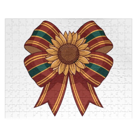 Sunflower on Red and Green Ribbon Bow Jigsaw Puzzles