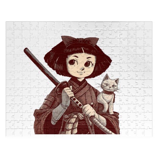 Chibi Samurai Warrior Cat Companion & Blossoms Jigsaw Puzzles