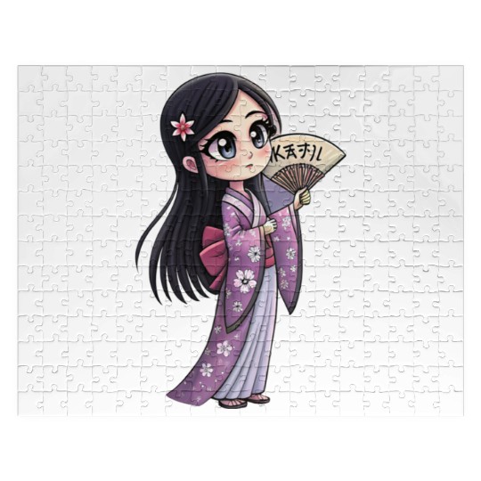 Cute Chibi Geisha Anime Inspired Kimono Design Jigsaw Puzzles