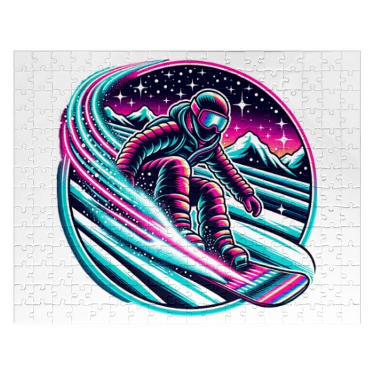 Epic Neon Snowboarding Adventure Under Starry Sky Jigsaw Puzzles