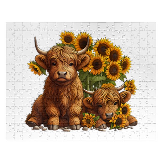 Cute Scottish Highland Cow Sunflower Farmer Jigsaw Puzzles