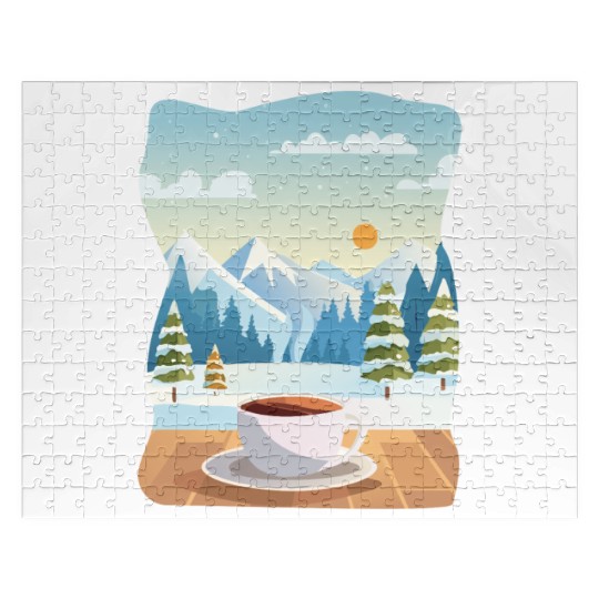 Coffee Cup and Winter Mountain View Jigsaw Puzzles