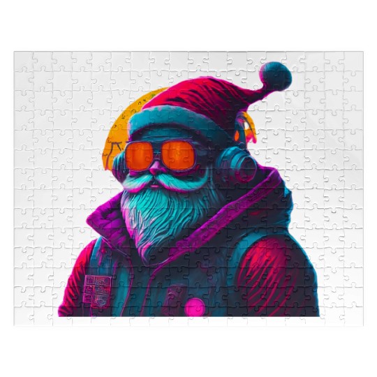 Retro Cool Santa Claus with Headphones Neon Colors Jigsaw Puzzles