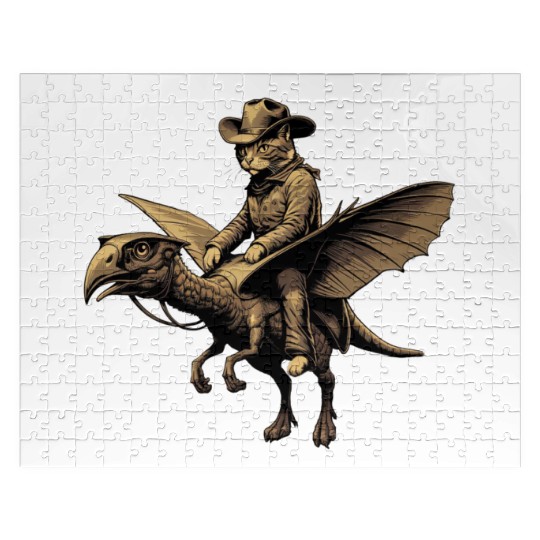Cat cowboy riding dinosaur Achaeopteryx vintage gi Jigsaw Puzzles