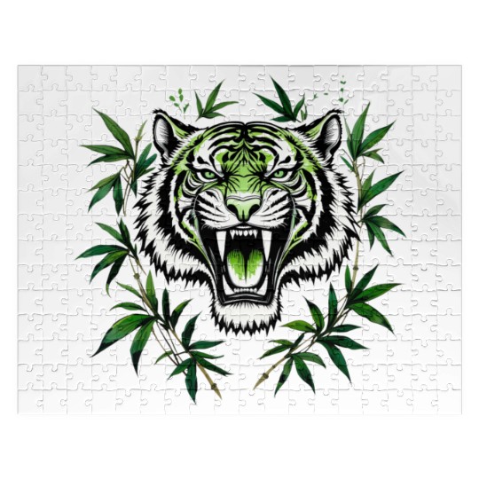 Fierce Green Tiger with Bamboo Branches Jigsaw Puzzles