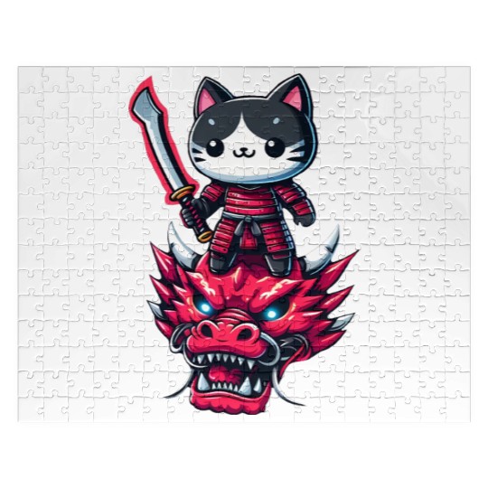 Samurai Cat with Sword on Dragon in Epic 3D Effect Jigsaw Puzzles