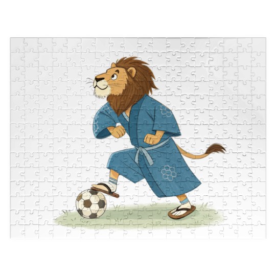 Lion playing soccer in karate kimono Jigsaw Puzzles