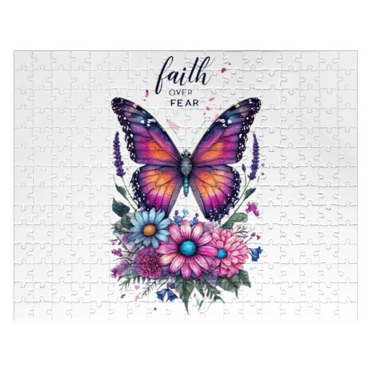 Butterfly with Flowers Art Faith Over Fear Jigsaw Puzzles