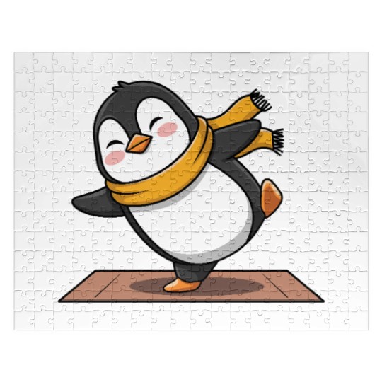 Cute Penguin Doing Yoga with Yellow Scarf Jigsaw Puzzles