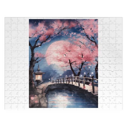 Watercolor cherry blossom festival full moon Jigsaw Puzzles