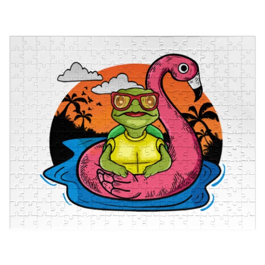 Funny Sea Turtle Swimming Flamingo Pool Sea Turtle Jigsaw Puzzles
