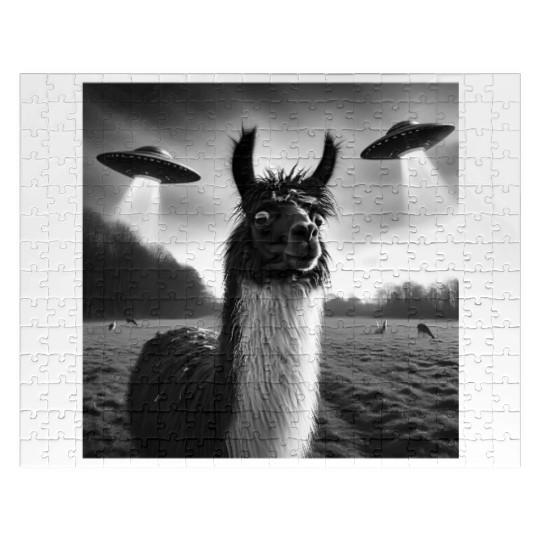 Llama alpaca Funny Graphic Selfie with UFOs Weird Jigsaw Puzzles