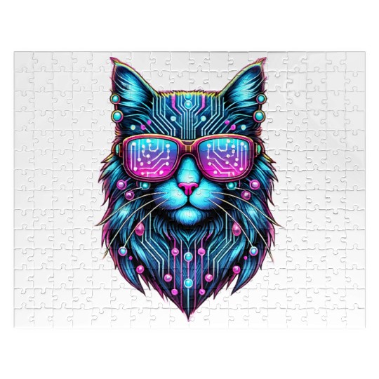 Cyberpunk Tech Cat – Futuristic Neon Glow Jigsaw Puzzles