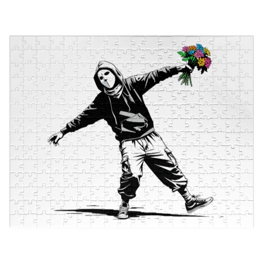 Banksy Protester Throwing Flowers Jigsaw Puzzles