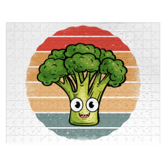 Cute Smiling Broccoli Retro Vintage Sunset Jigsaw Puzzles