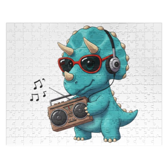 Dino cartoon triceratops listening to music Jigsaw Puzzles