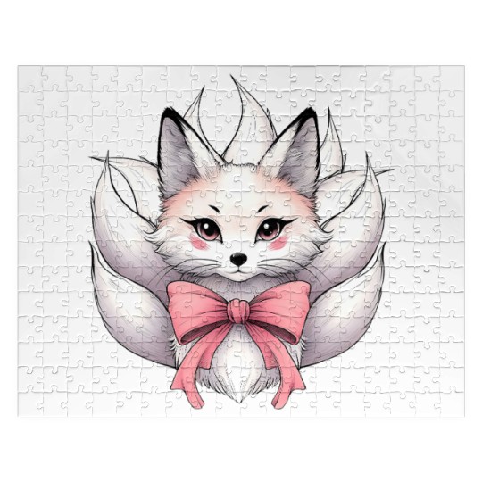 Coquette Bow Kitsune Fox Mask Pink Ribbon Mom Jigsaw Puzzles